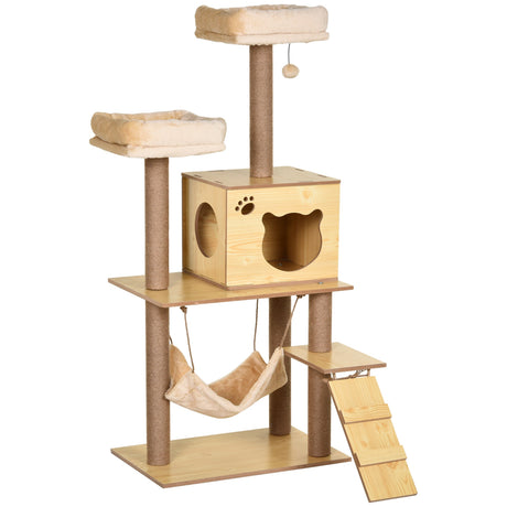 130cm Cat Tree for Indoor Cats, Multi-Level Plush Cat Tower, with Five Scratching Posts, Two Perches, Cat House, Hammock, PawHut,