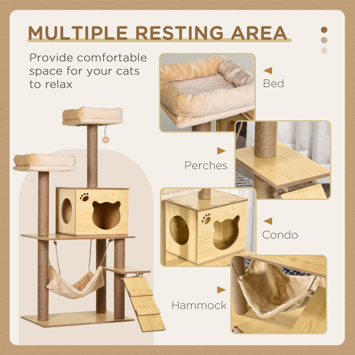 130cm Cat Tree for Indoor Cats, Multi-Level Plush Cat Tower, with Five Scratching Posts, Two Perches, Cat House, Hammock, PawHut,