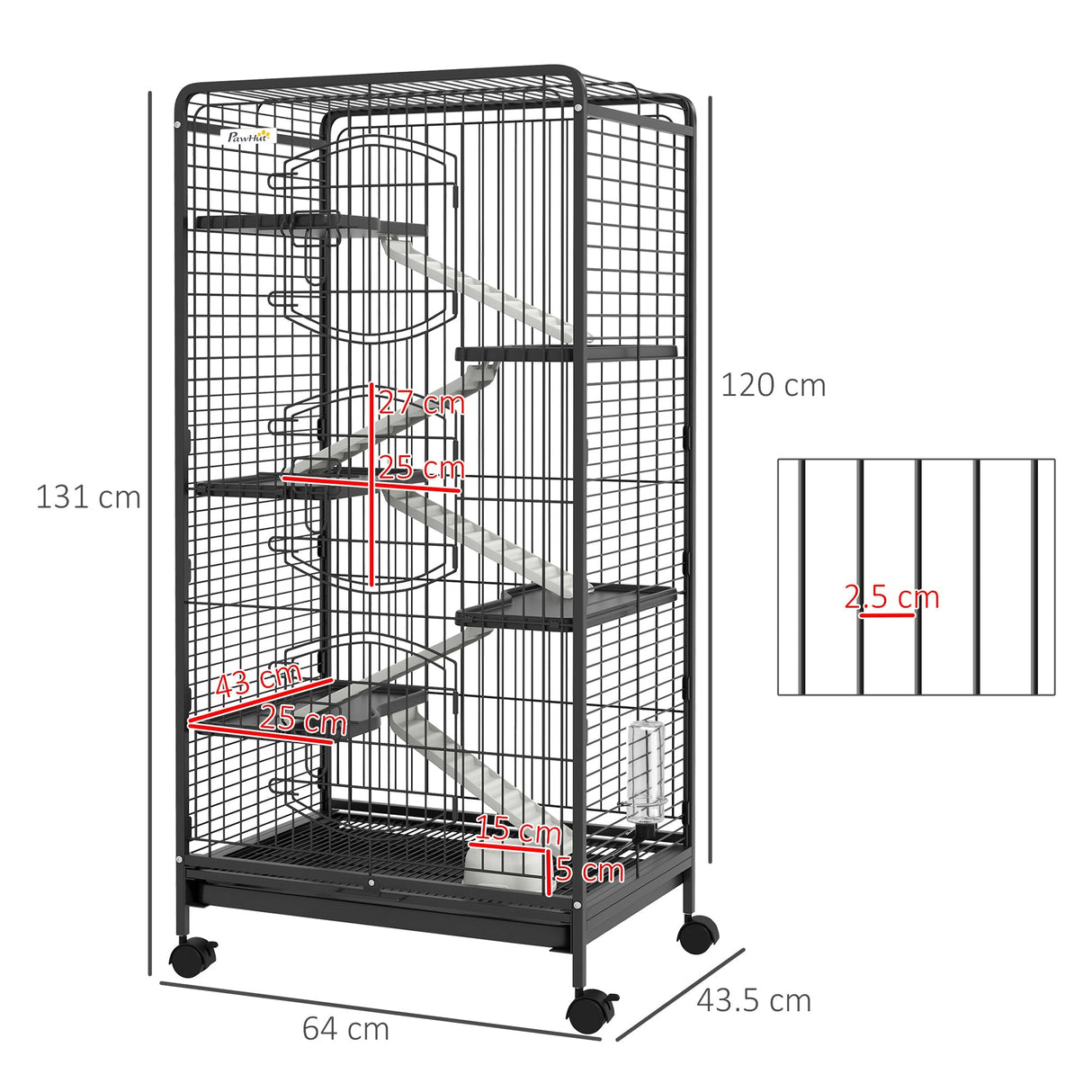 131cm 6-Level Black Small Animal Cage with Wheels, PawHut,