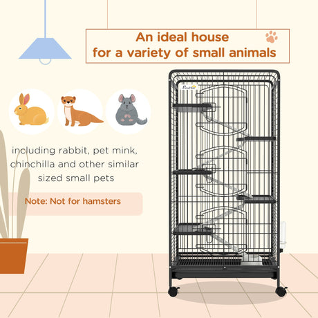 131cm 6-Level Black Small Animal Cage with Wheels, PawHut,