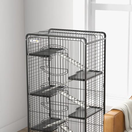 131cm 6-Level Black Small Animal Cage with Wheels, PawHut,