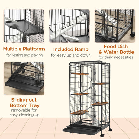 131cm 6-Level Black Small Animal Cage with Wheels, PawHut,