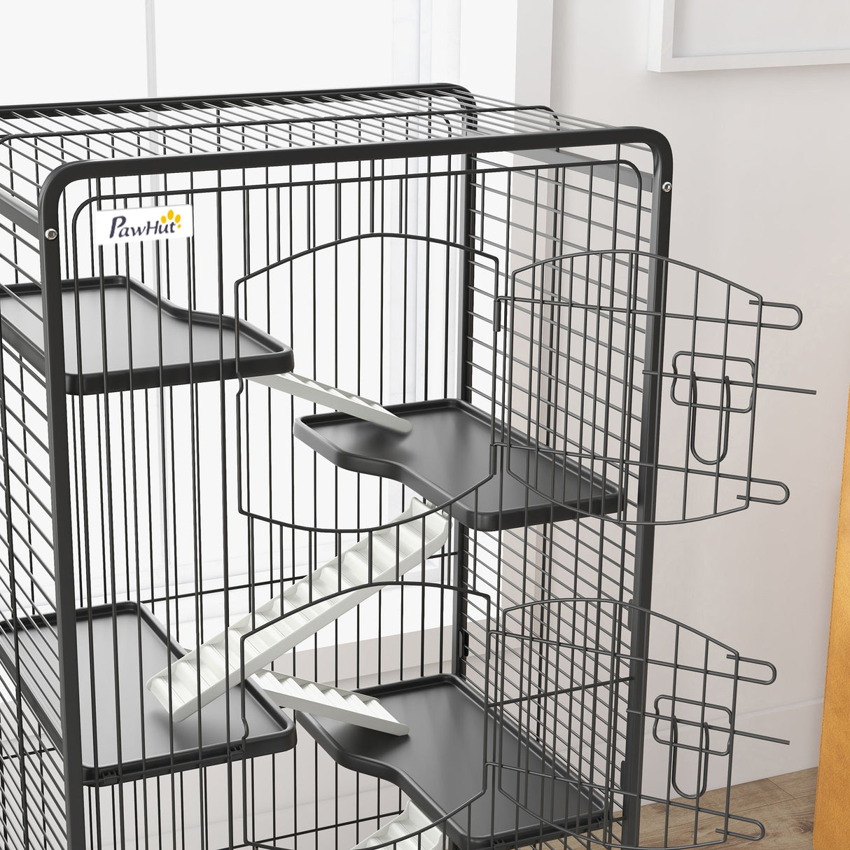 131cm 6-Level Black Small Animal Cage with Wheels, PawHut,