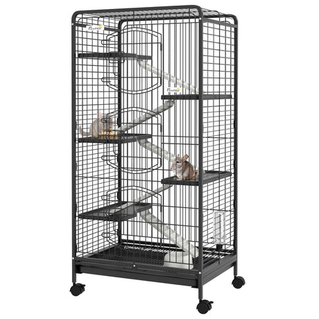 131cm 6-Level Black Small Animal Cage with Wheels, PawHut,