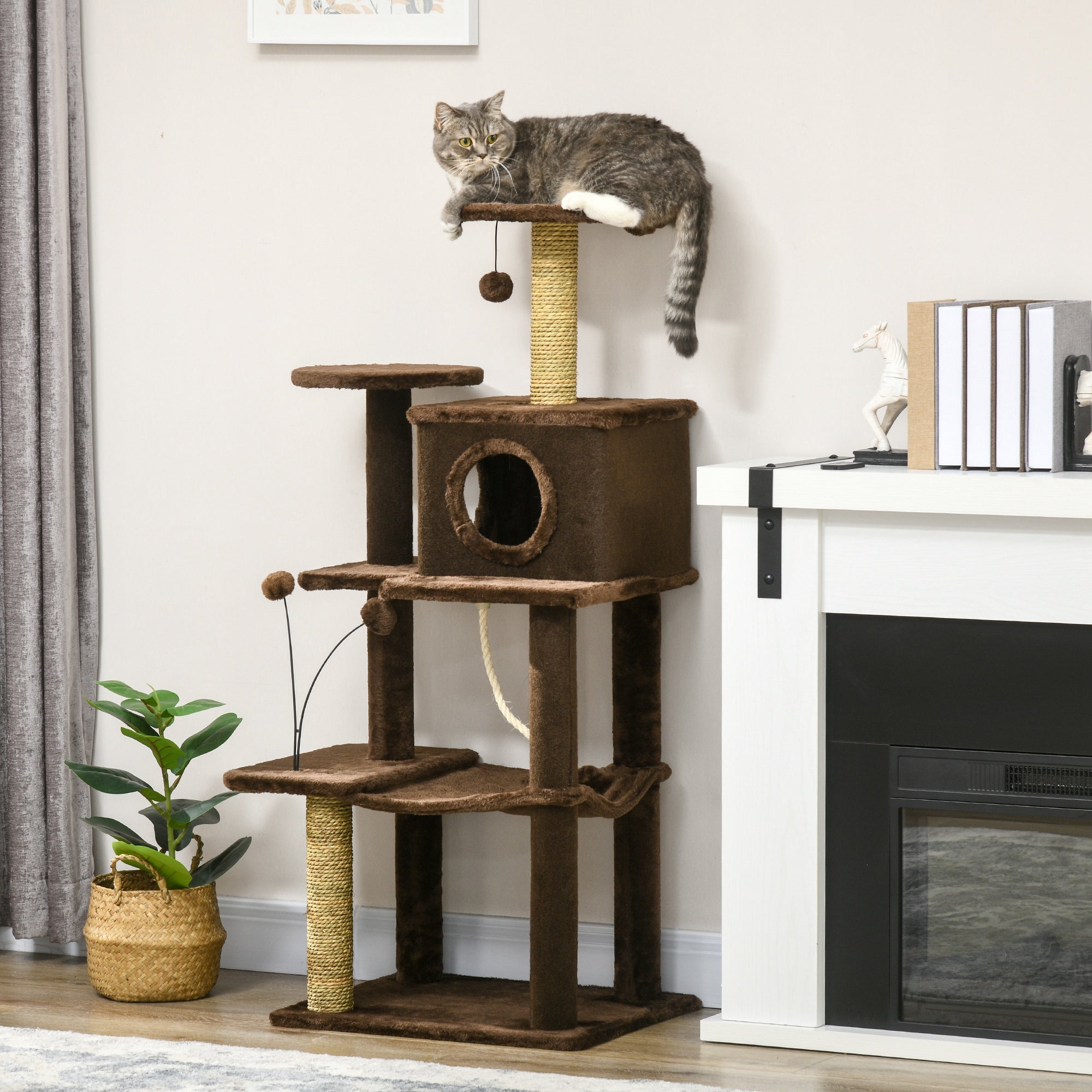 136cm Cat Tree for Indoor Cats, Modern Cat Tower with Scratching Posts, house, Platforms, Toy Ball - Brown, PawHut,