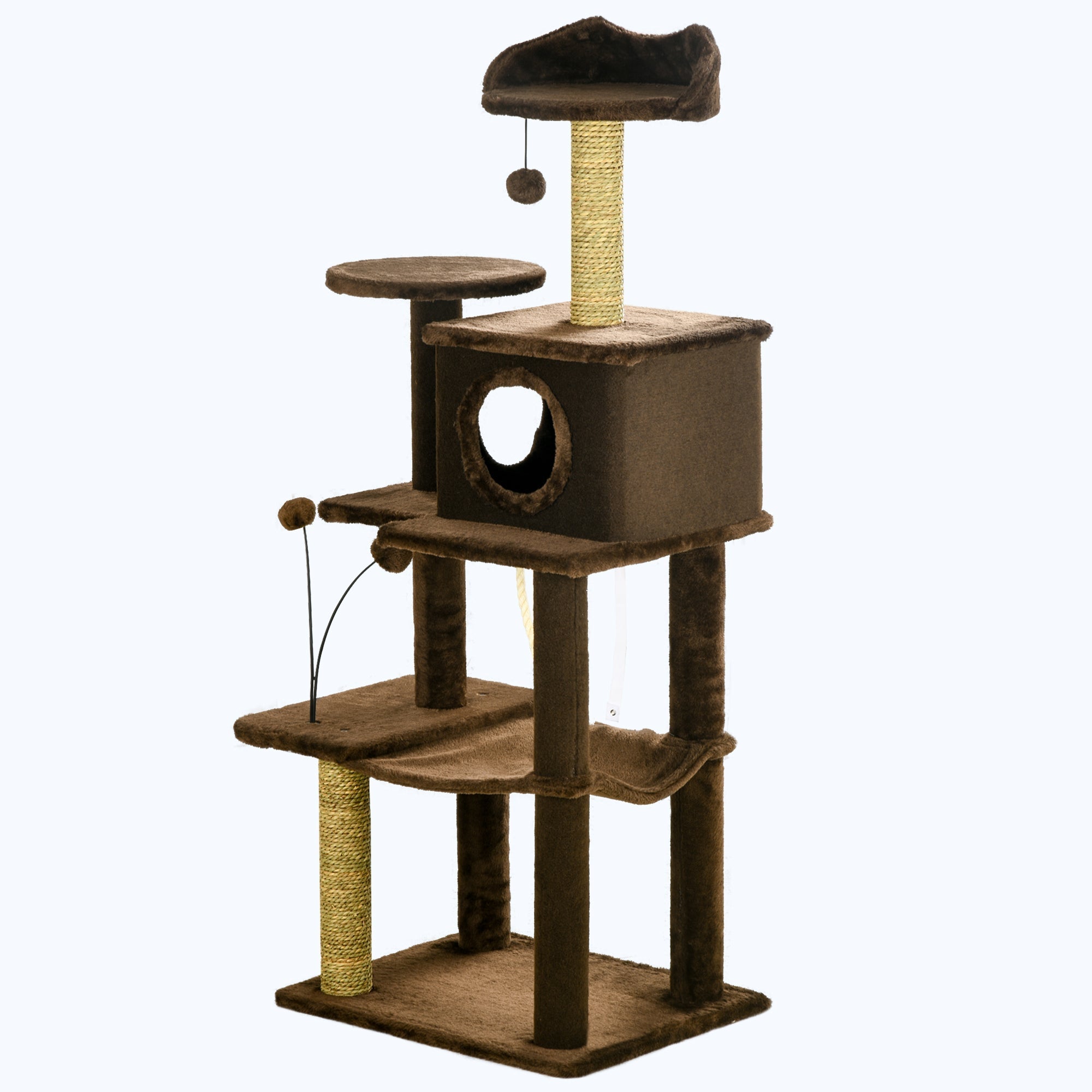 136cm Cat Tree for Indoor Cats, Modern Cat Tower with Scratching Posts, house, Platforms, Toy Ball - Brown, PawHut,