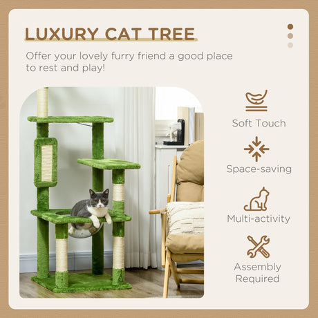 142cm Cat Tree Tower, with Scratching Post, Hammock, Toy Ball, Platforms - Green, PawHut,