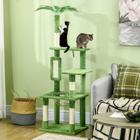 142cm Cat Tree Tower, with Scratching Post, Hammock, Toy Ball, Platforms - Green, PawHut,