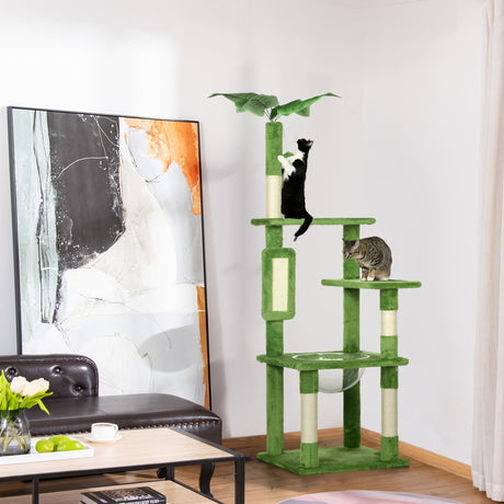 142cm Cat Tree Tower, with Scratching Post, Hammock, Toy Ball, Platforms - Green, PawHut,