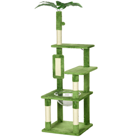 142cm Cat Tree Tower, with Scratching Post, Hammock, Toy Ball, Platforms - Green, PawHut,