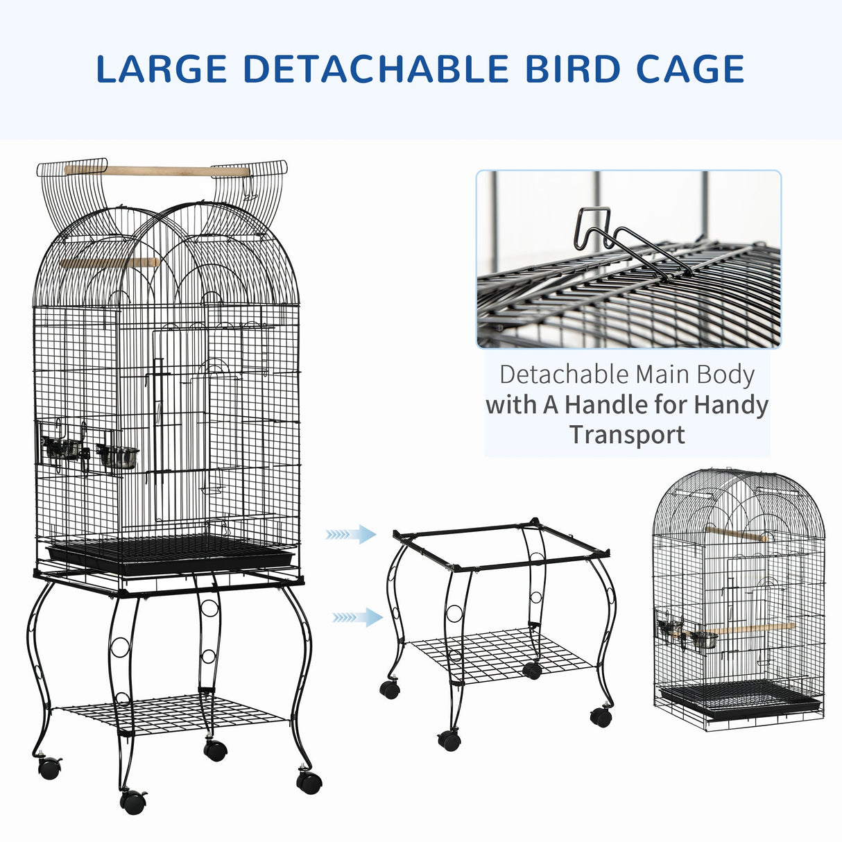 1.53m Mobile Bird Cage with Feeding Stand & Perches, PawHut,