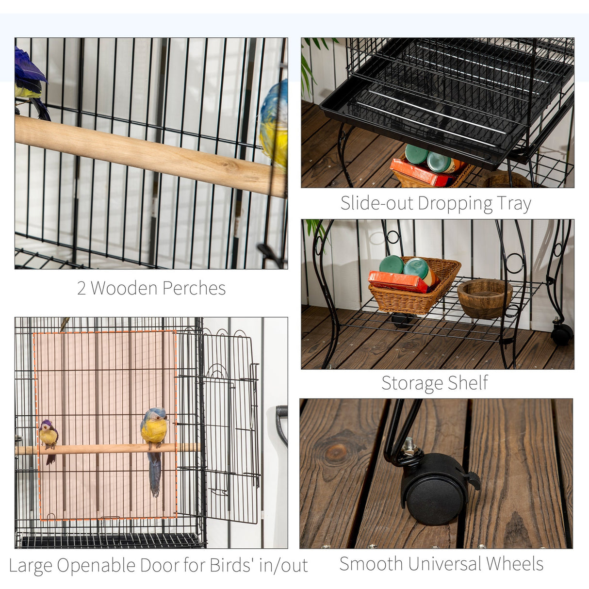 1.53m Mobile Bird Cage with Feeding Stand & Perches, PawHut,