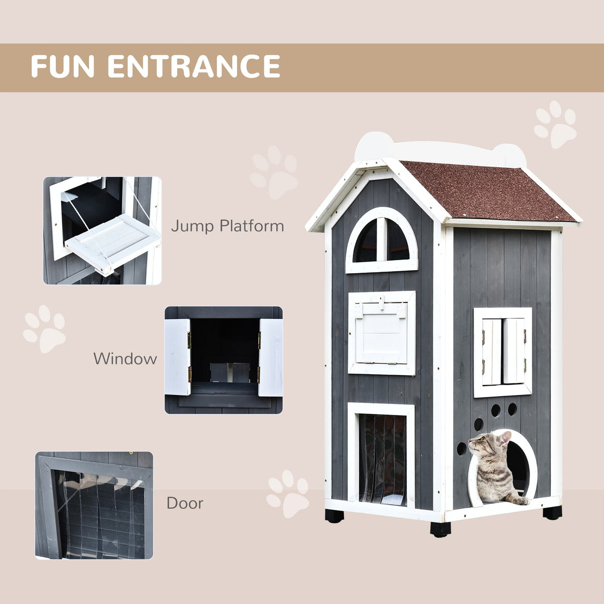 2-Floor Outdoor Cat House: Solid Wood, Wheels, 59x55x109cm, PawHut,