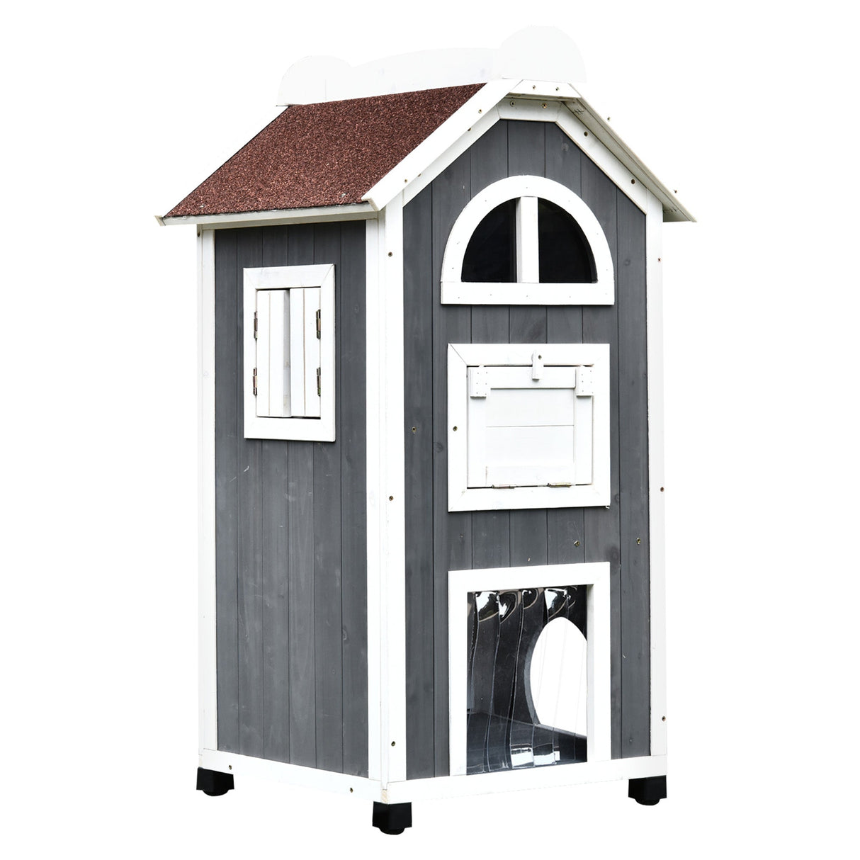 2-Floor Outdoor Cat House: Solid Wood, Wheels, 59x55x109cm, PawHut,