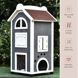 2-Floor Outdoor Cat House: Solid Wood, Wheels, 59x55x109cm, PawHut,