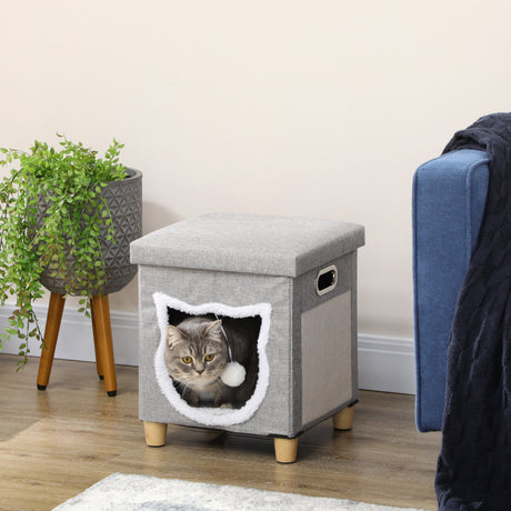 2 in 1 Cat Bed Ottoman, Sleeping Cave w/ Removable Cushion, Scratching Pad, Handles, Anti-Slip Foot Pad, Toy Ball, Entrance - Grey, PawHut,