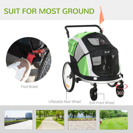 2-in-1 Dog Bike Trailer & Stroller for Large Dogs with Safety Features, PawHut, Green