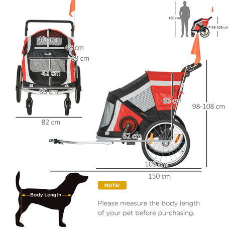 2-in-1 Dog Bike Trailer & Stroller for Large Dogs with Safety Features, PawHut, Red