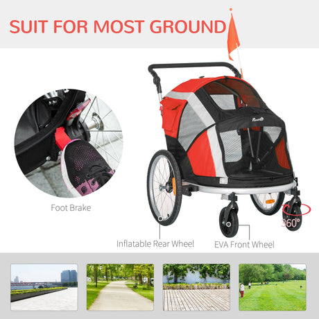 2-in-1 Dog Bike Trailer & Stroller for Large Dogs with Safety Features, PawHut, Red