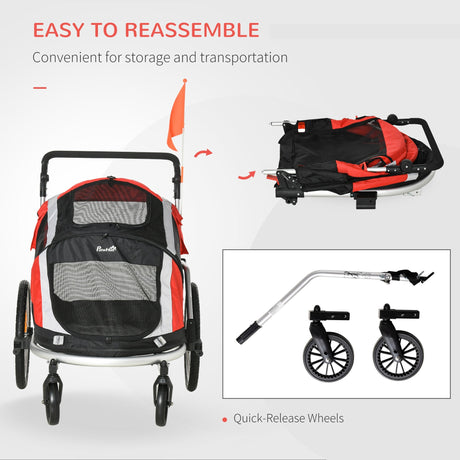 2-in-1 Dog Bike Trailer & Stroller for Large Dogs with Safety Features, PawHut, Red