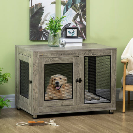 2-in-1 Dog Cage & Side Table, with Two Doors, Cushion, for Large Dogs, PawHut, Grey