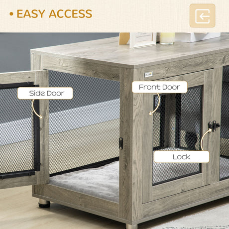 2-in-1 Dog Cage & Side Table, with Two Doors, Cushion, for Large Dogs, PawHut, Grey