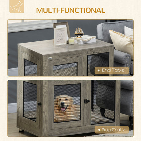 2-in-1 Dog Cage & Side Table, with Two Doors, Cushion, for Large Dogs, PawHut, Grey