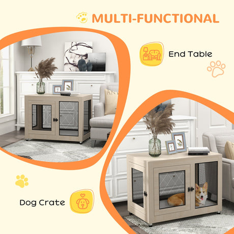 2-in-1 Dog Cage & Side Table, with Two Doors, Cushion, for Large Dogs, PawHut, Oak Tone