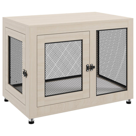 2-in-1 Dog Cage & Side Table, with Two Doors, Cushion, for Large Dogs, PawHut, Oak Tone