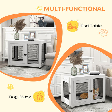 2-in-1 Dog Cage & Side Table, with Two Doors, Cushion, for Large Dogs, PawHut, White