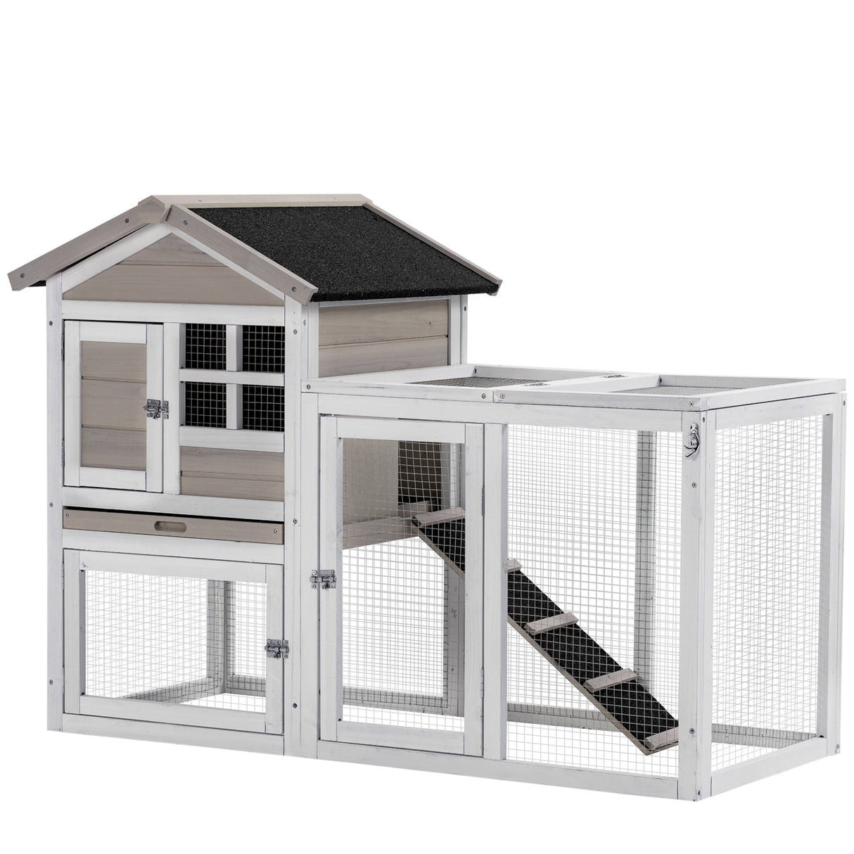 2 in 1 Rabbit Hutch Outdoor, Double Main House Guinea Pig Hutch, Bunny Run, Wooden Small Animal House with Run Box, Slide-out Tray, Ramp, 259 x 64 x 92cm, Grey, PawHut,