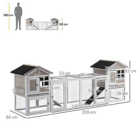 2 in 1 Rabbit Hutch Outdoor, Double Main House Guinea Pig Hutch, Bunny Run, Wooden Small Animal House with Run Box, Slide-out Tray, Ramp, 259 x 64 x 92cm, Grey, PawHut,