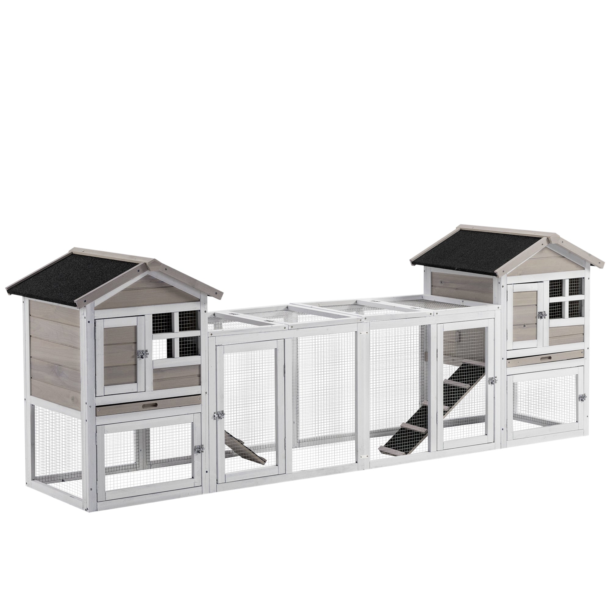 2 in 1 Rabbit Hutch Outdoor, Double Main House Guinea Pig Hutch, Bunny Run, Wooden Small Animal House with Run Box, Slide-out Tray, Ramp, 259 x 64 x 92cm, Grey, PawHut,