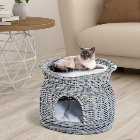 2-Tier Elevated Cat Bed Basket With Cushions - Grey, PawHut,