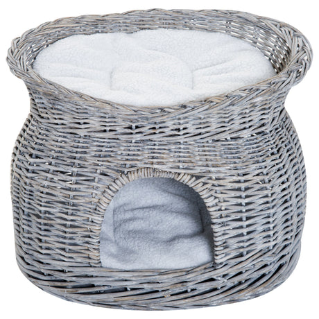 2-Tier Elevated Cat Bed Basket With Cushions - Grey, PawHut,