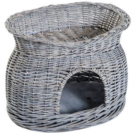 2-Tier Elevated Cat Bed Basket With Cushions - Grey, PawHut,