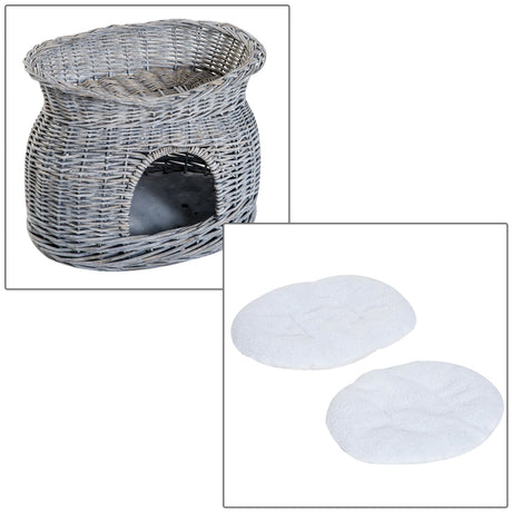 2-Tier Elevated Cat Bed Basket With Cushions - Grey, PawHut,