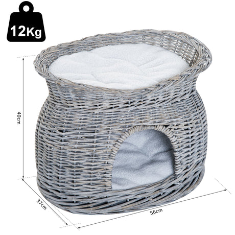 2-Tier Elevated Cat Bed Basket With Cushions - Grey, PawHut,