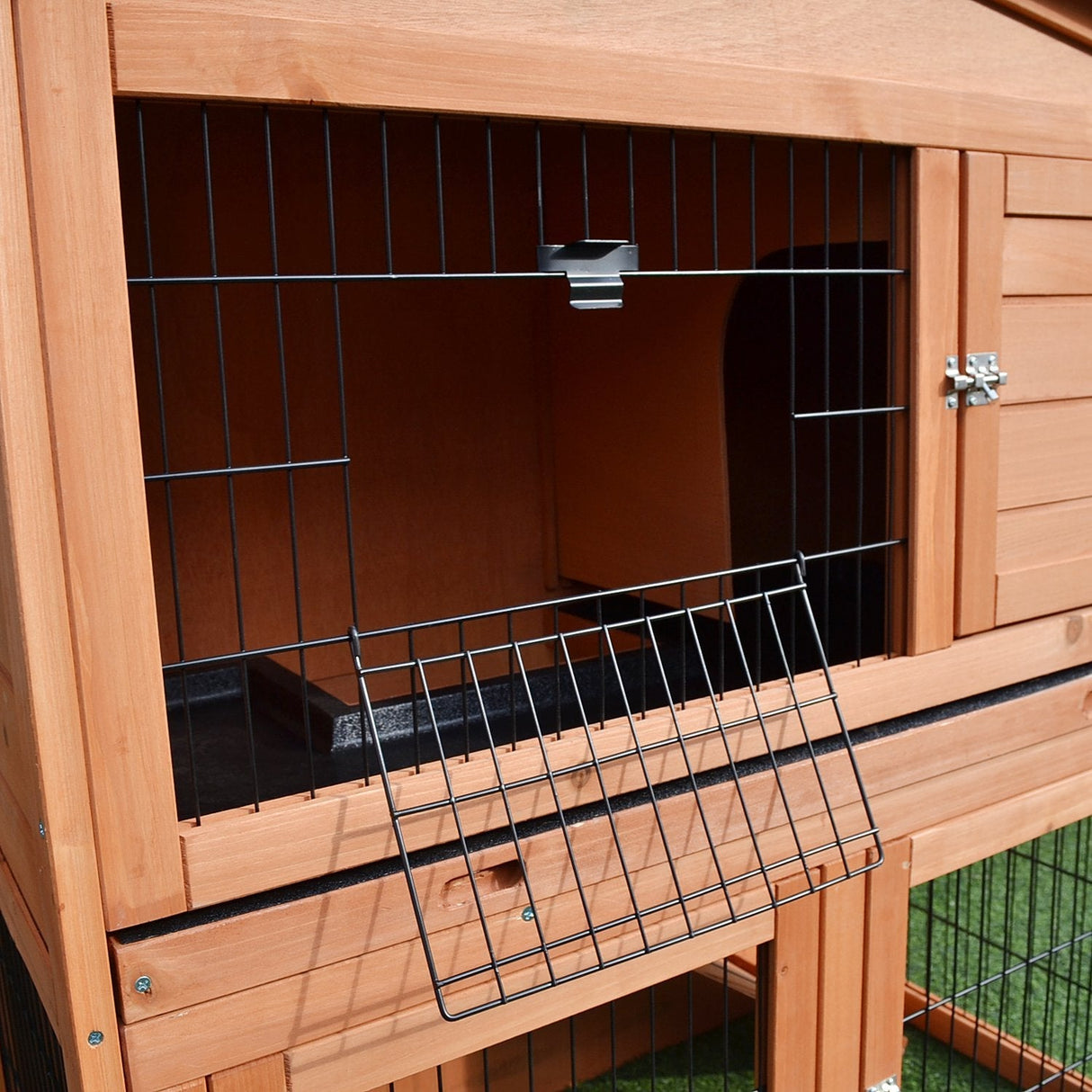 2 Tier Outdoor Rabbit Small Animal Enclosure with Ramp Tray to Raised Home & Below Run Area, Natural, PawHut,