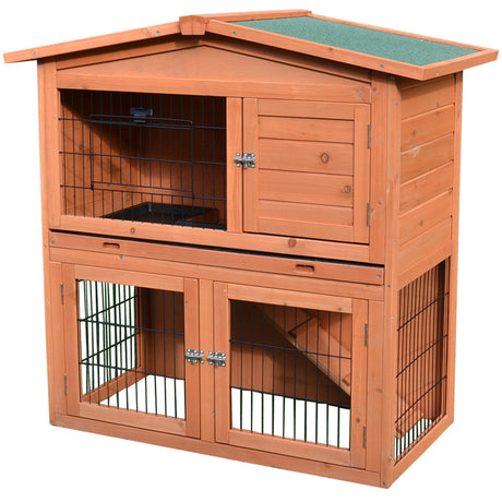 2 Tier Outdoor Rabbit Small Animal Enclosure with Ramp Tray to Raised Home & Below Run Area, Natural, PawHut,
