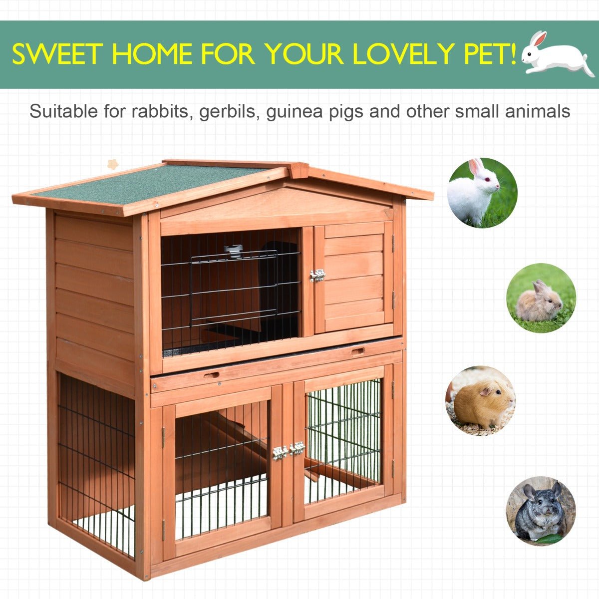 2 Tier Outdoor Rabbit Small Animal Enclosure with Ramp Tray to Raised Home & Below Run Area, Natural, PawHut,