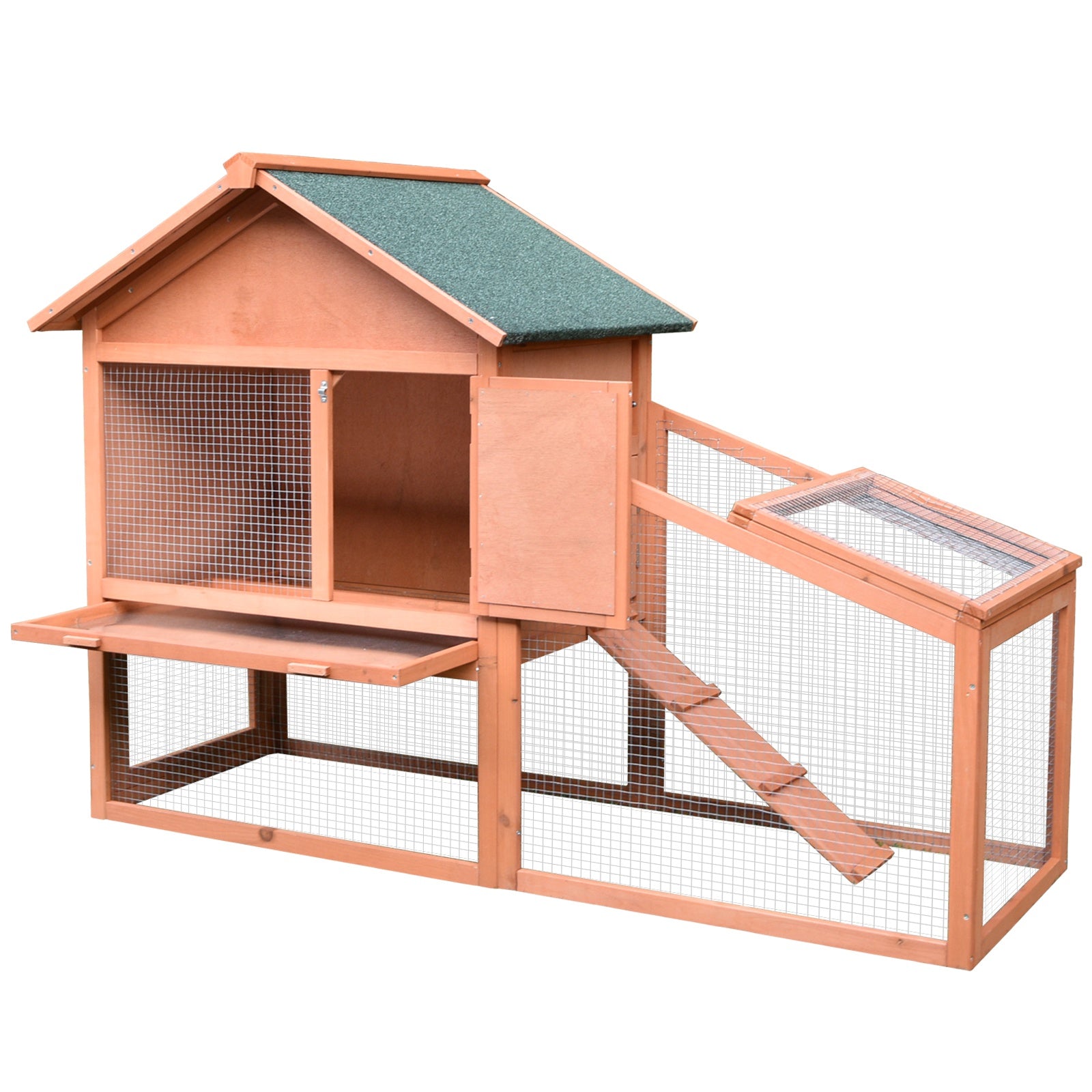 2 Tier Rabbit Cage, Solid Wood Bunny House, Water Resistant Asphalt Roof Ramp Sliding tray 144 x 64.5 x 100 cm Red/Brown, PawHut,