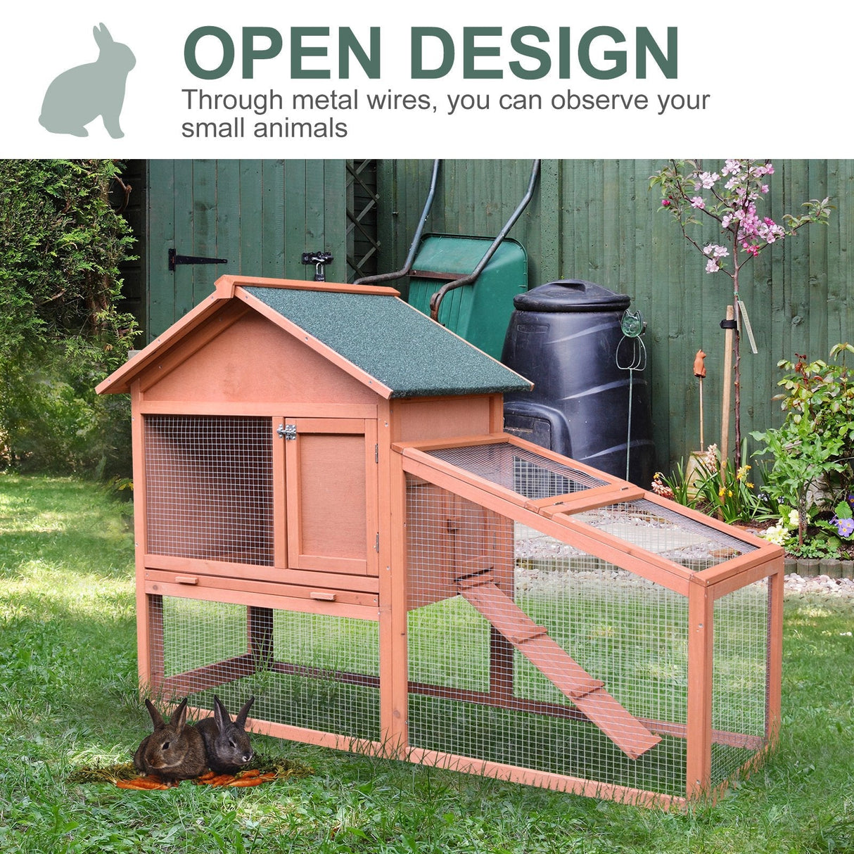2 Tier Rabbit Cage, Solid Wood Bunny House, Water Resistant Asphalt Roof Ramp Sliding tray 144 x 64.5 x 100 cm Red/Brown, PawHut,