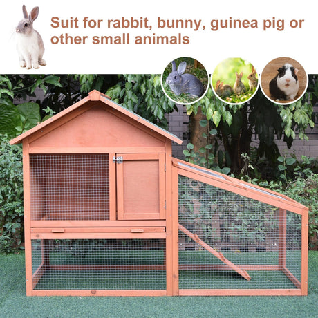 2 Tier Rabbit Cage, Solid Wood Bunny House, Water Resistant Asphalt Roof Ramp Sliding tray 144 x 64.5 x 100 cm Red/Brown, PawHut,