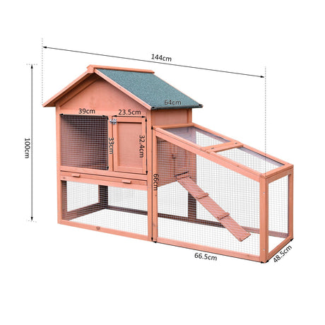 2 Tier Rabbit Cage, Solid Wood Bunny House, Water Resistant Asphalt Roof Ramp Sliding tray 144 x 64.5 x 100 cm Red/Brown, PawHut,