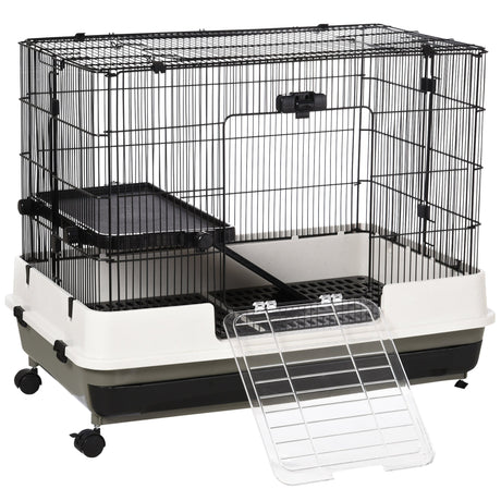 2 Tier Rolling Small Animal Rabbit Cage Chinchillas Hutch Pet Play House with Platform Ramp Removable Tray 80 x 52.7 x 66 cm, PawHut,