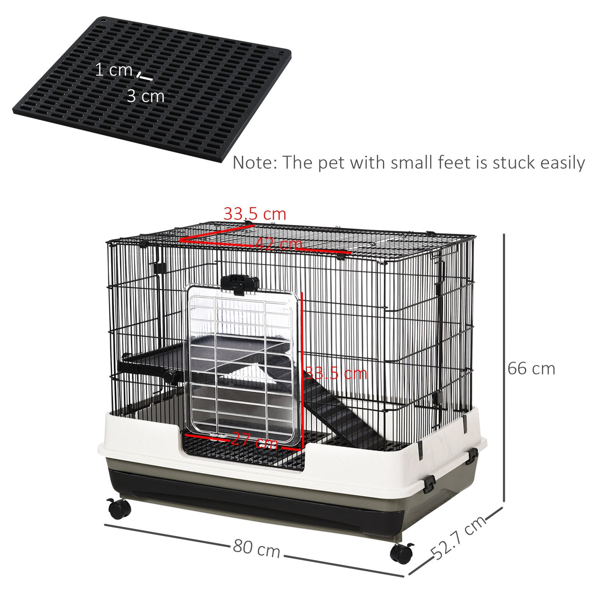 2 Tier Rolling Small Animal Rabbit Cage Chinchillas Hutch Pet Play House with Platform Ramp Removable Tray 80 x 52.7 x 66 cm, PawHut,