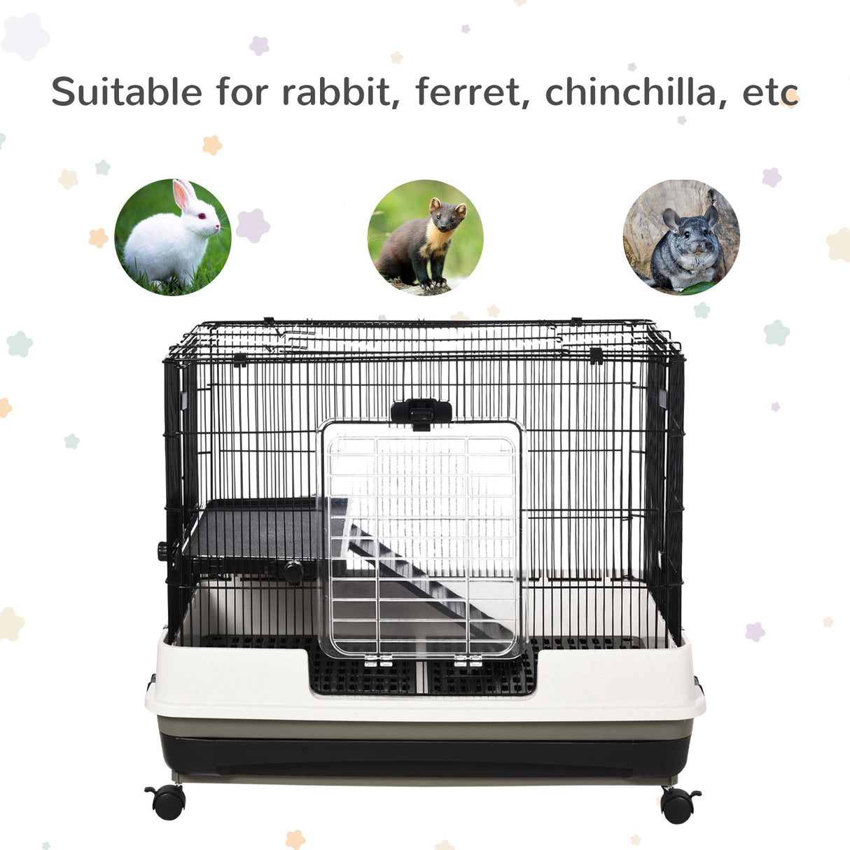 2 Tier Rolling Small Animal Rabbit Cage Chinchillas Hutch Pet Play House with Platform Ramp Removable Tray 80 x 52.7 x 66 cm, PawHut,