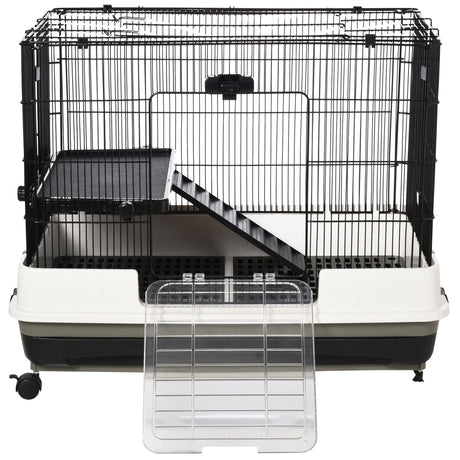 2 Tier Rolling Small Animal Rabbit Cage Chinchillas Hutch Pet Play House with Platform Ramp Removable Tray 80 x 52.7 x 66 cm, PawHut,