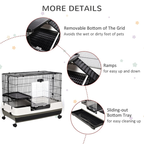 2 Tier Rolling Small Animal Rabbit Cage Chinchillas Hutch Pet Play House with Platform Ramp Removable Tray 80 x 52.7 x 66 cm, PawHut,